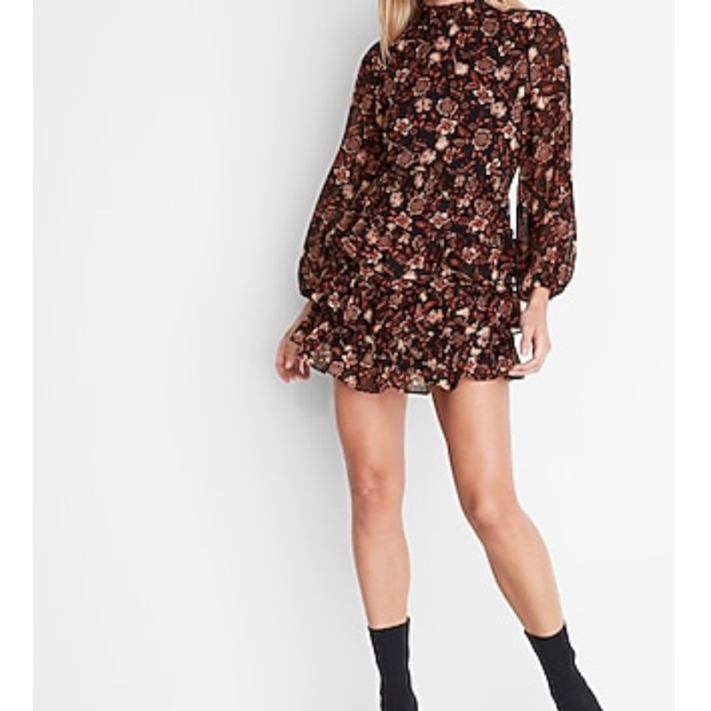 Floral Print Smocked Mock Neck Tiered Ruffle Dress